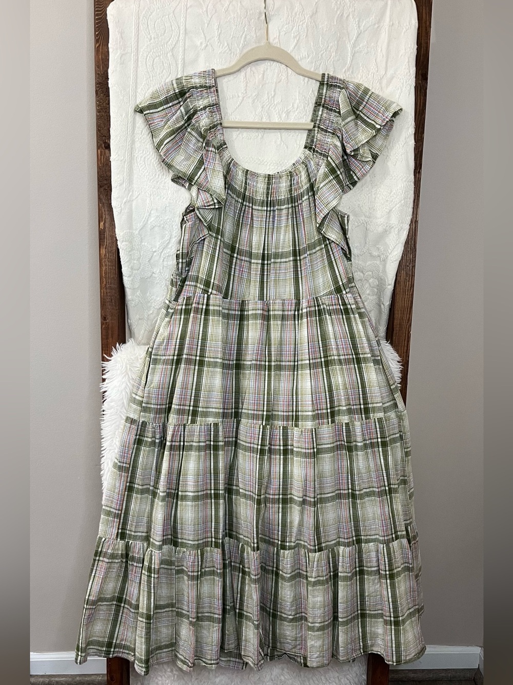 Easel Los Angeles Plaid Tiered Maxi Dress - Green/Pink - Small - Picture 4 of 4